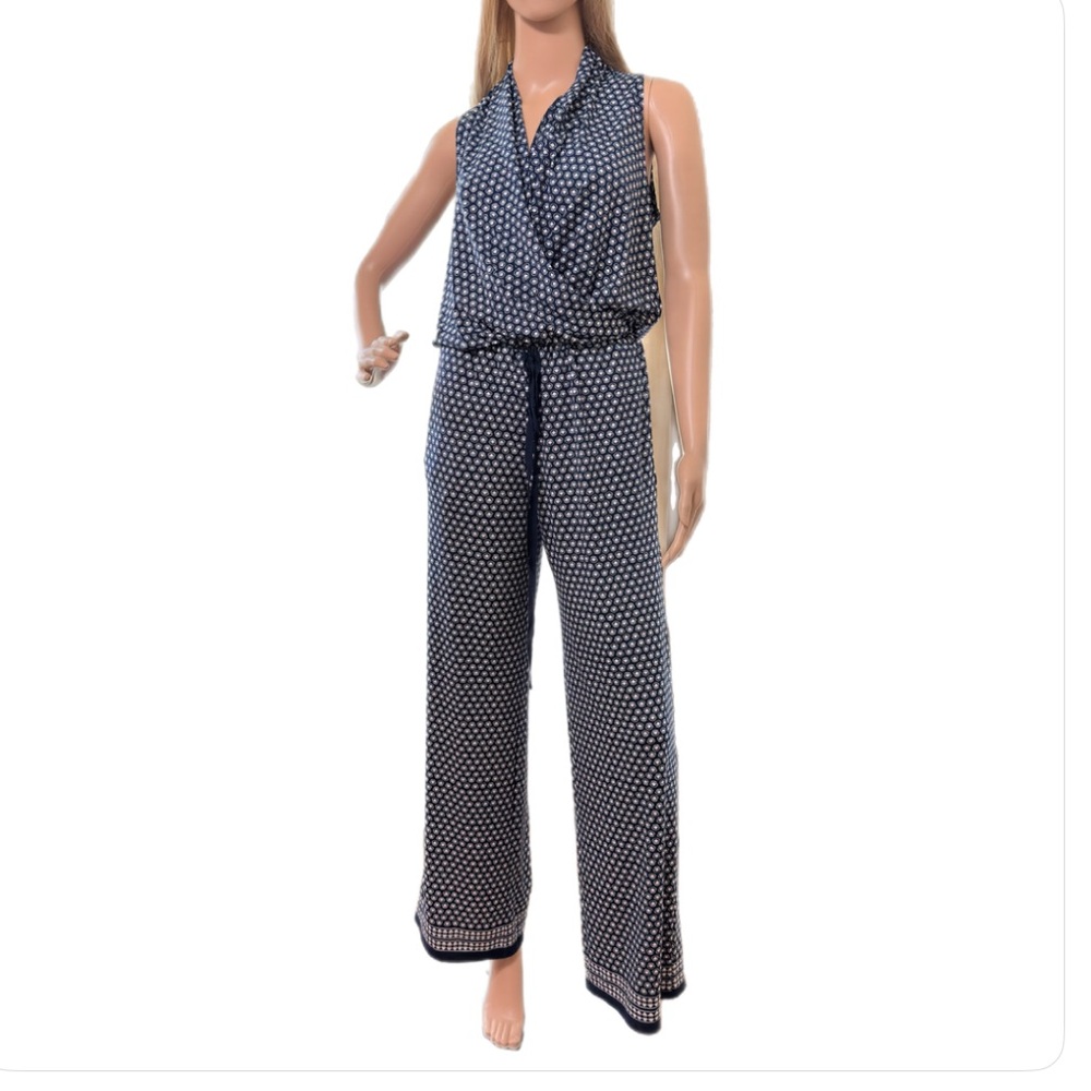 Max Studio Blue and White Wrap V-Neck Jumpsuit